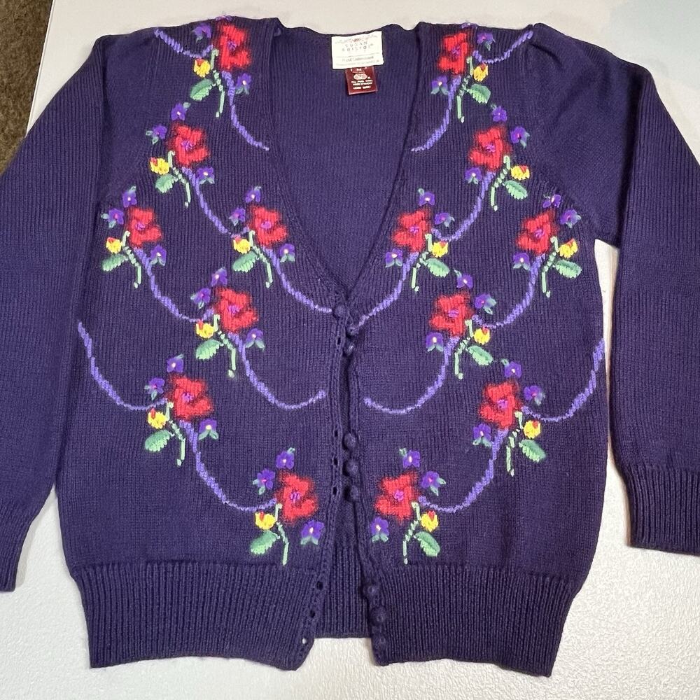 SUSAN BRISTOL VTG 80'S SZ Med 100% WOOL HAND EMBROIDERED KNIT CARDIGAN SWEATER